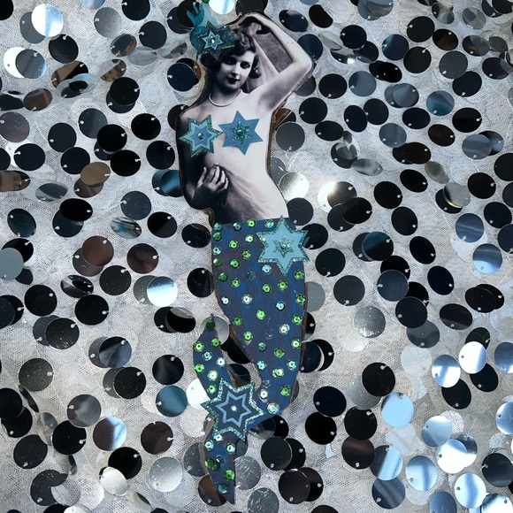 handcrafted wall plaque mixed media mermaid Victorian stars - Picture 1 of 6